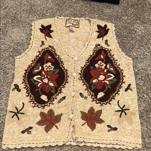 Crystal-Kobe Vintage Knit Sweater Vest – Fall Floral Leaves Large - Picture 1 of 5